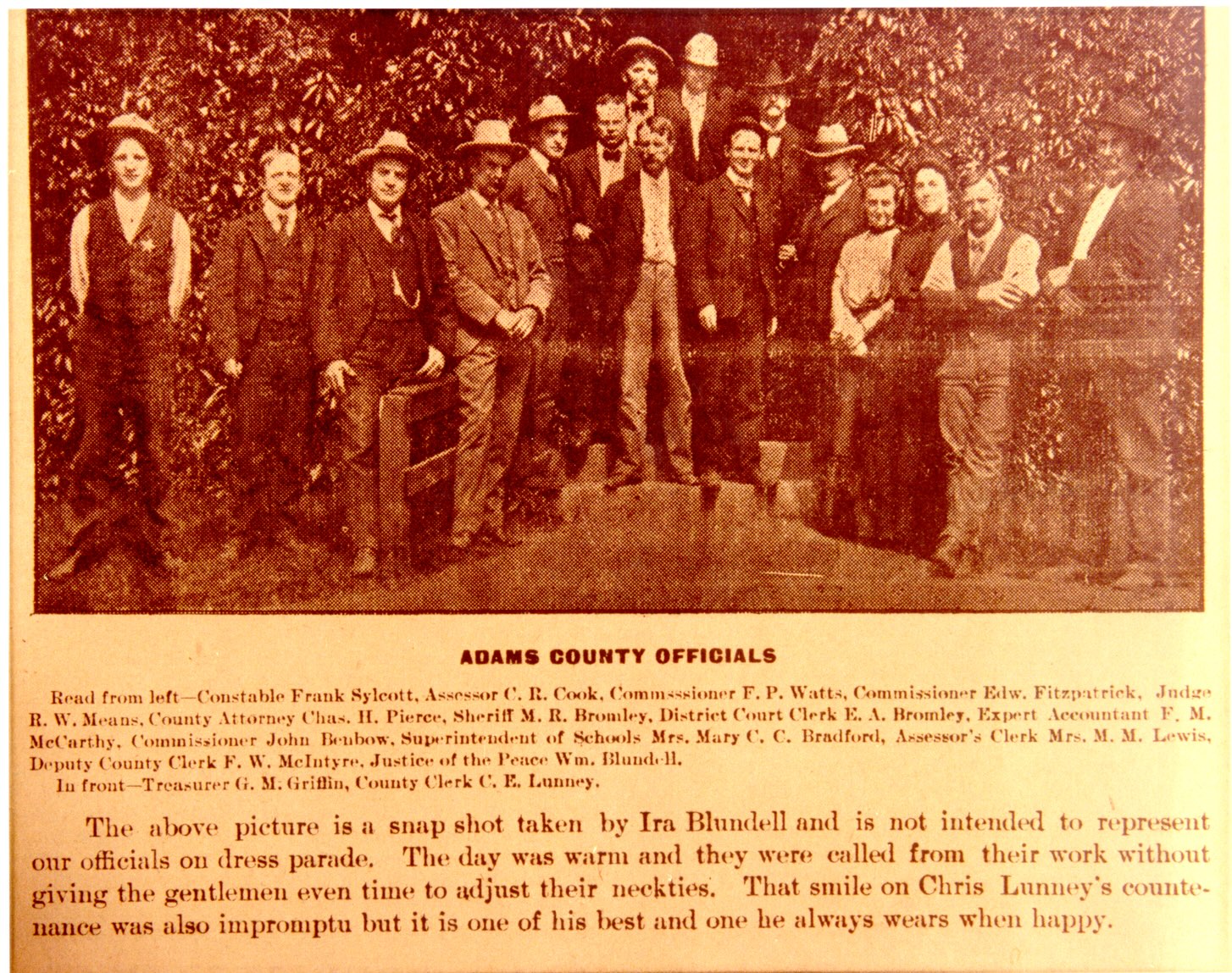 News clipping of the first Adams County Officials with image and news content