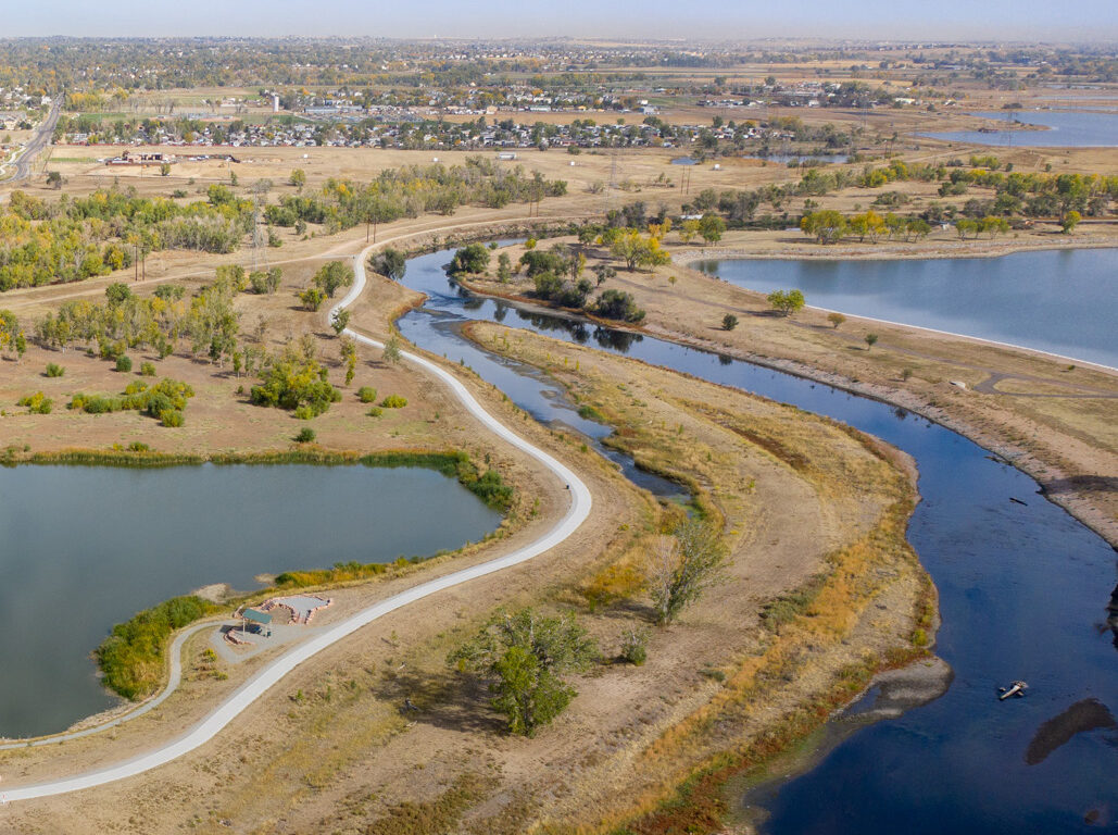Aerial view of creek and bike trail