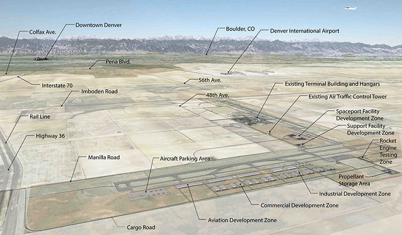 Aerial map view of Colorado Air and Space Port looking west