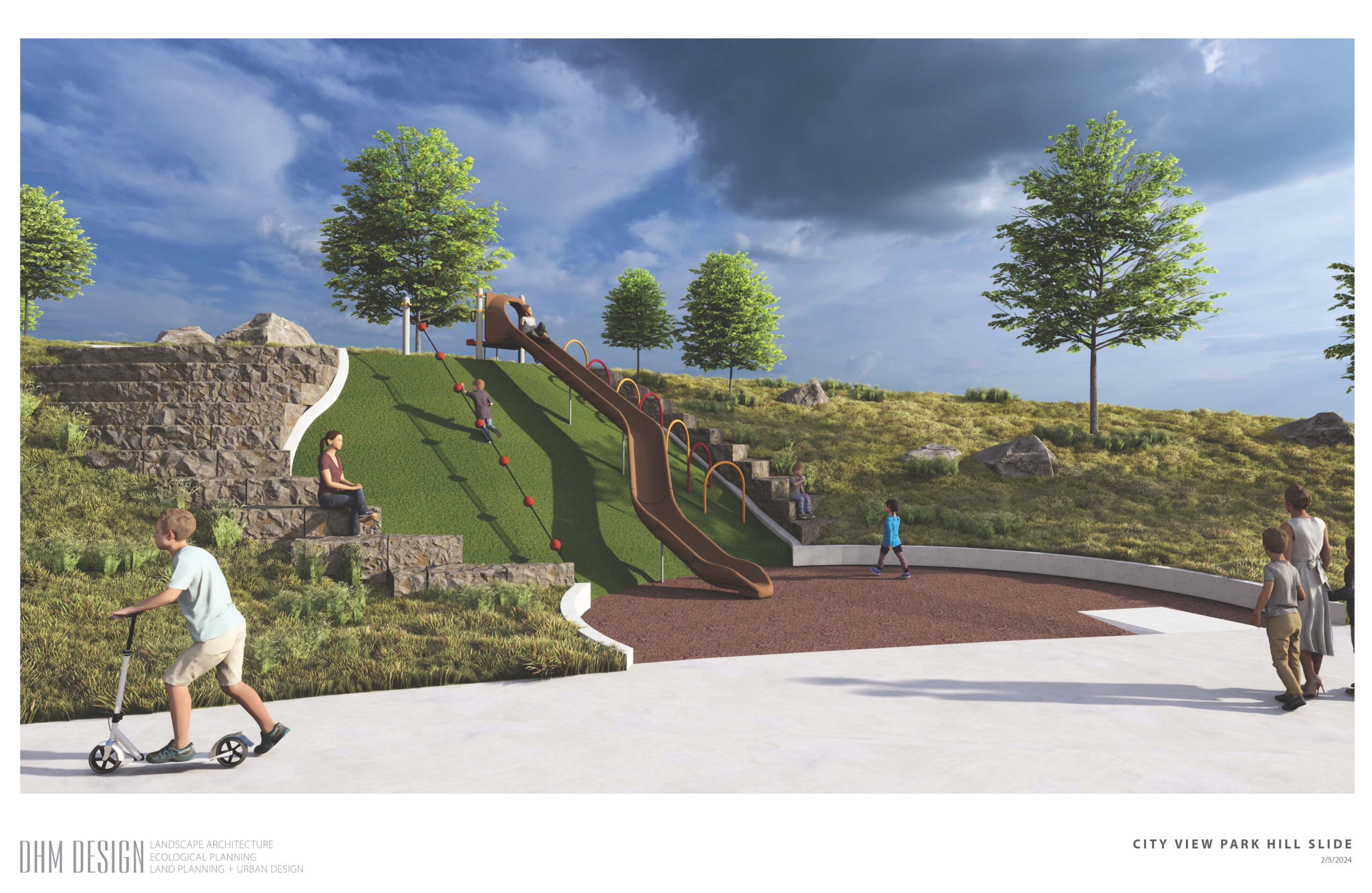 Children play on a grassy hill with a slide and climbing ropes. "DHM Design" and "City View Park Hill Slide" text visible.