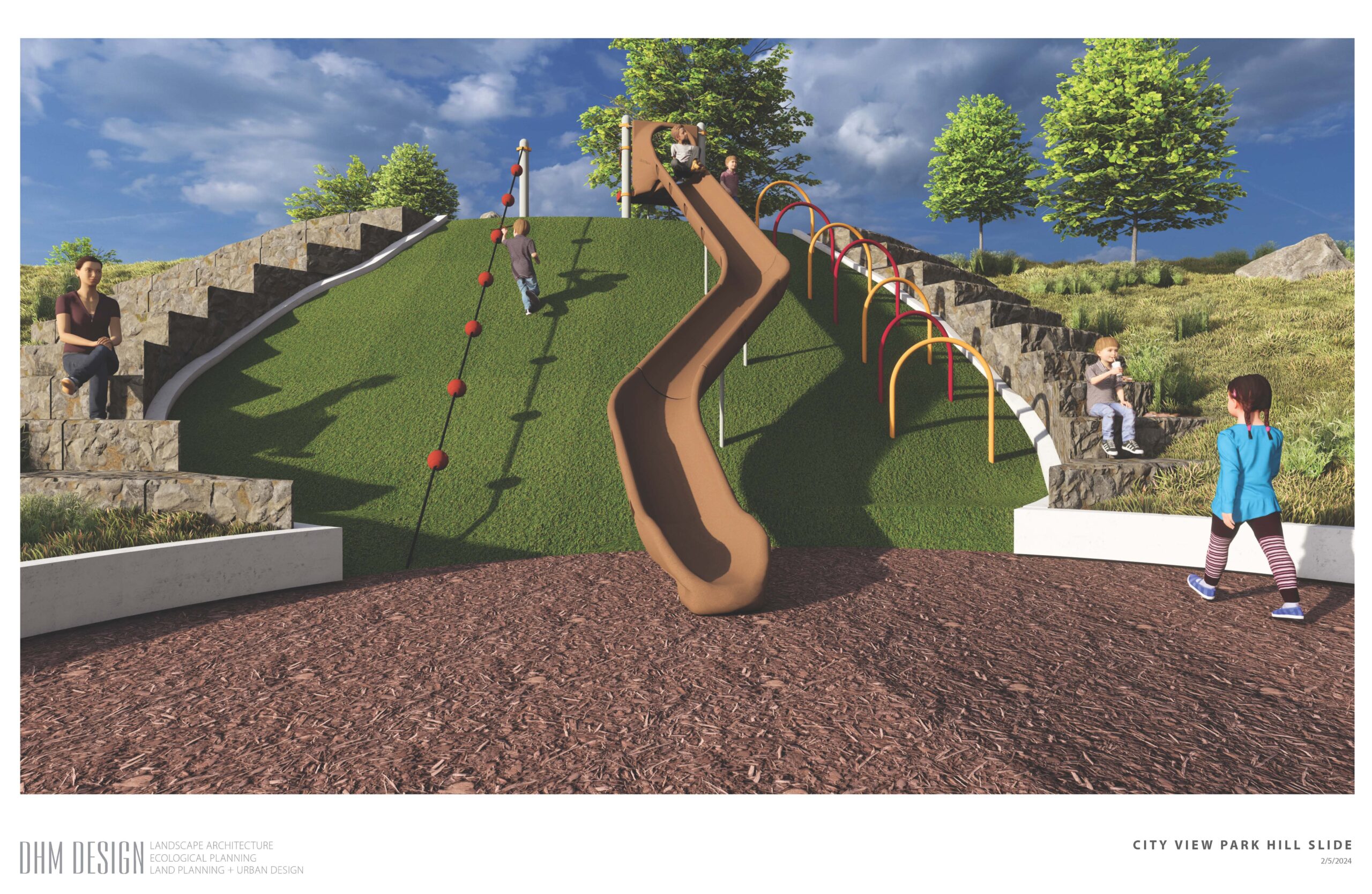 Children playing on a hillside slide in a park setting.
