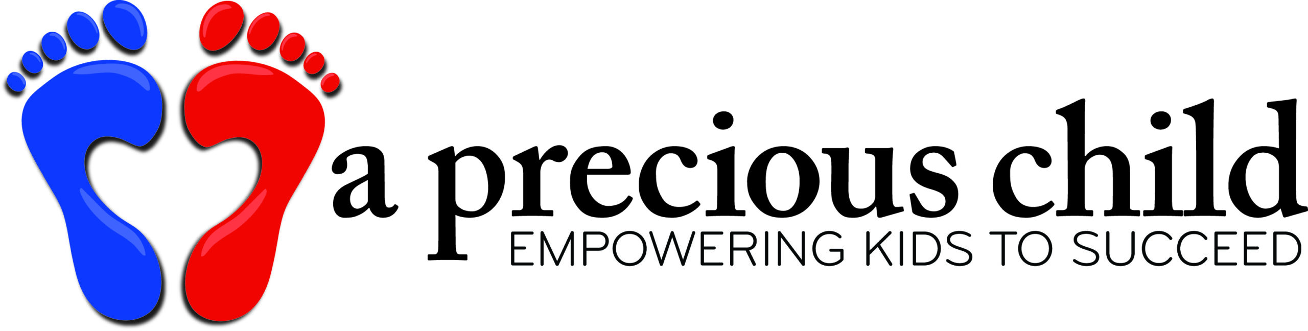 A Precious Child logo with blue and red footprints, text "Empowering Kids to Succeed"