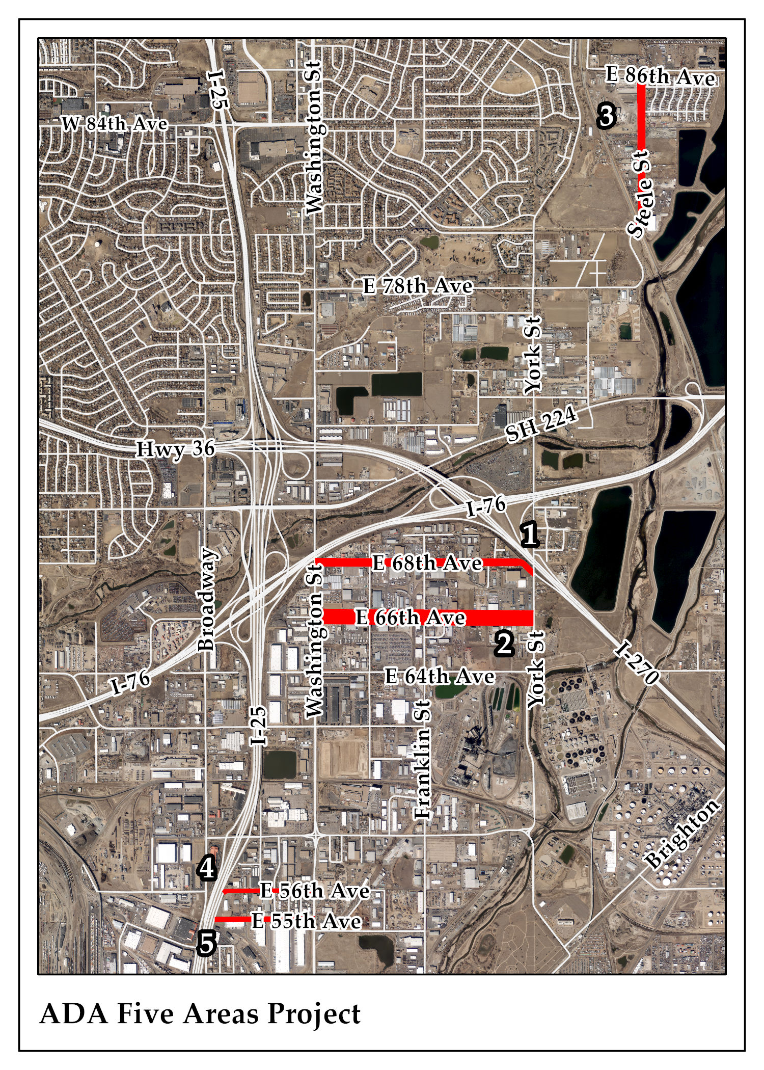 Map highlighting ADA Five Areas Project locations on major avenues in red.