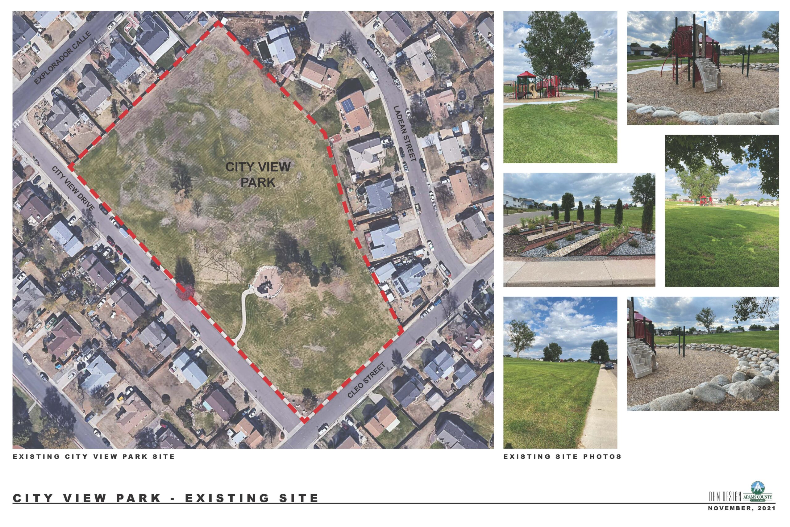 Aerial view of City View Park, outlined in red, with surrounding streets labeled. Adjacent images show playground, landscaping, and park area.