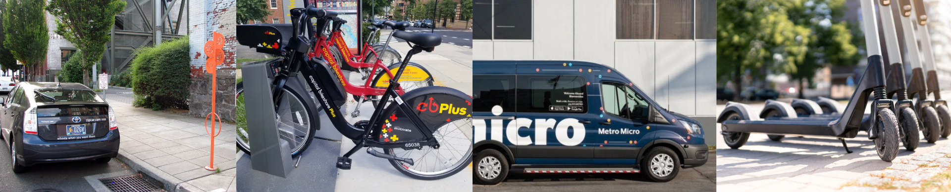 Car-sharing service with Zipcar vehicle, bike-sharing station, Metro Micro van for public transportation, and dockless e-scooters.