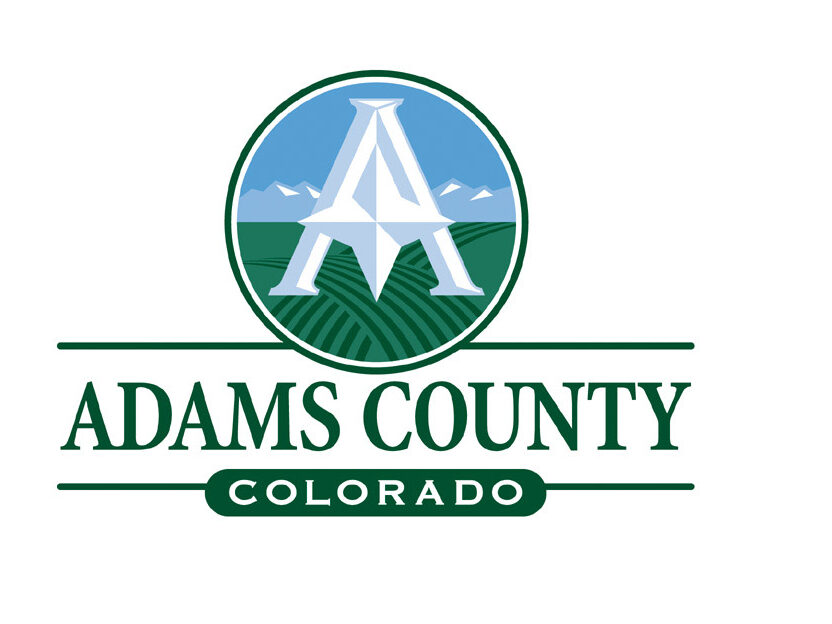 Adams County logo, stylized "A" over fields and mountains, with text "Adams County Colorado"