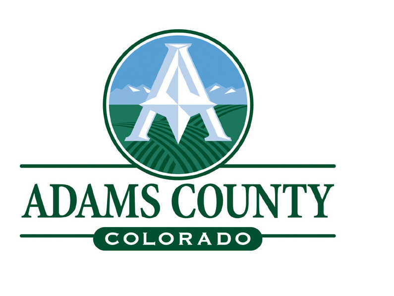 Adams County logo, stylized "A" over fields and mountains, with text "Adams County Colorado"