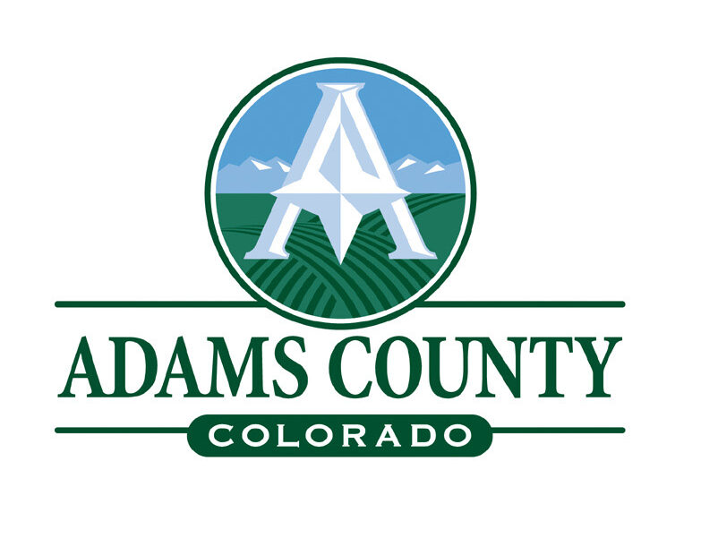 Adams County logo, stylized "A" over fields and mountains, with text "Adams County Colorado"