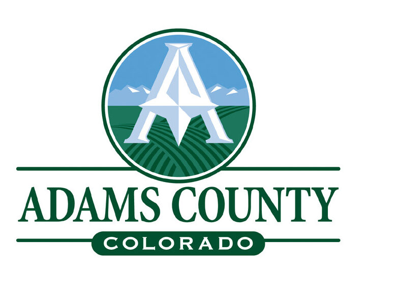 Adams County logo, stylized "A" over fields and mountains, with text "Adams County Colorado"