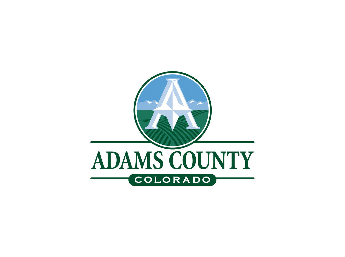 Adams County logo, stylized "A" over fields and mountains, with text "Adams County Colorado"