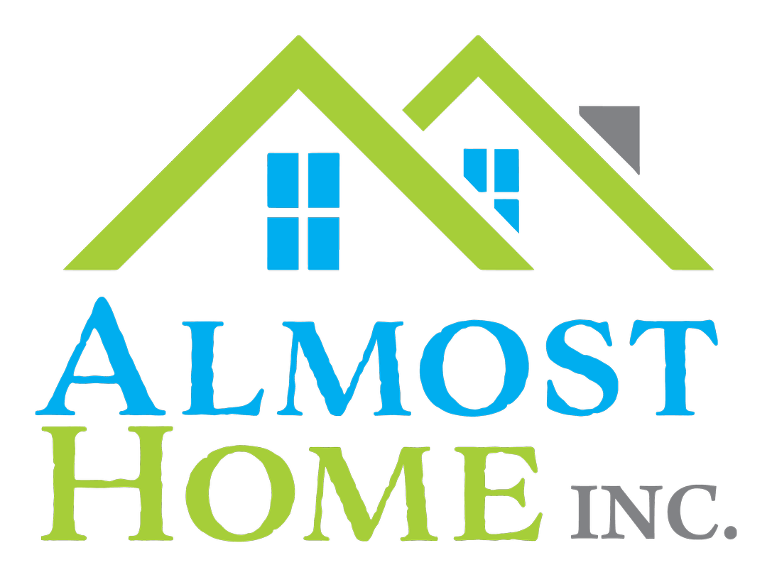 Almost Home Inc. logo with green rooftops and blue windows