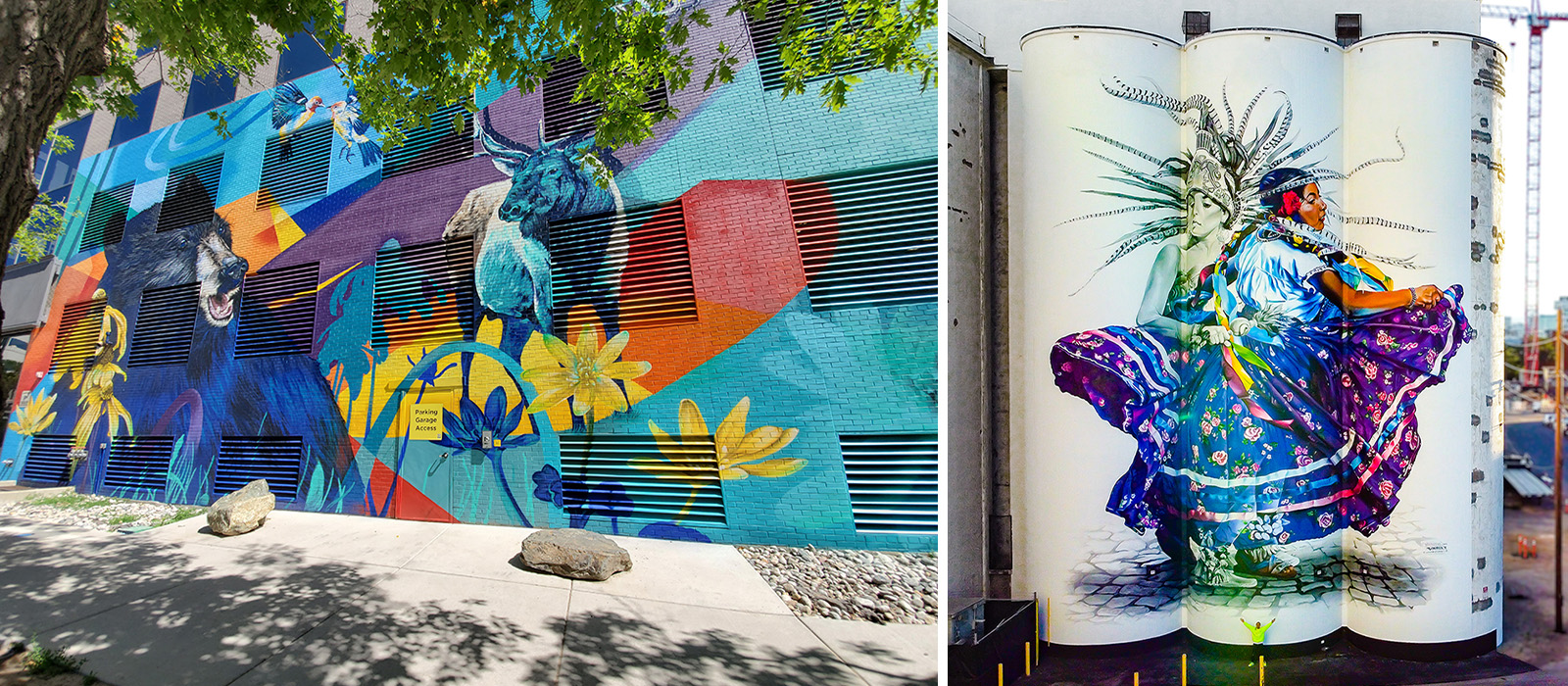 Colorful mural with bear and deer alongside Parking Garage Access sign; adjacent mural of dancers in vibrant attire.
