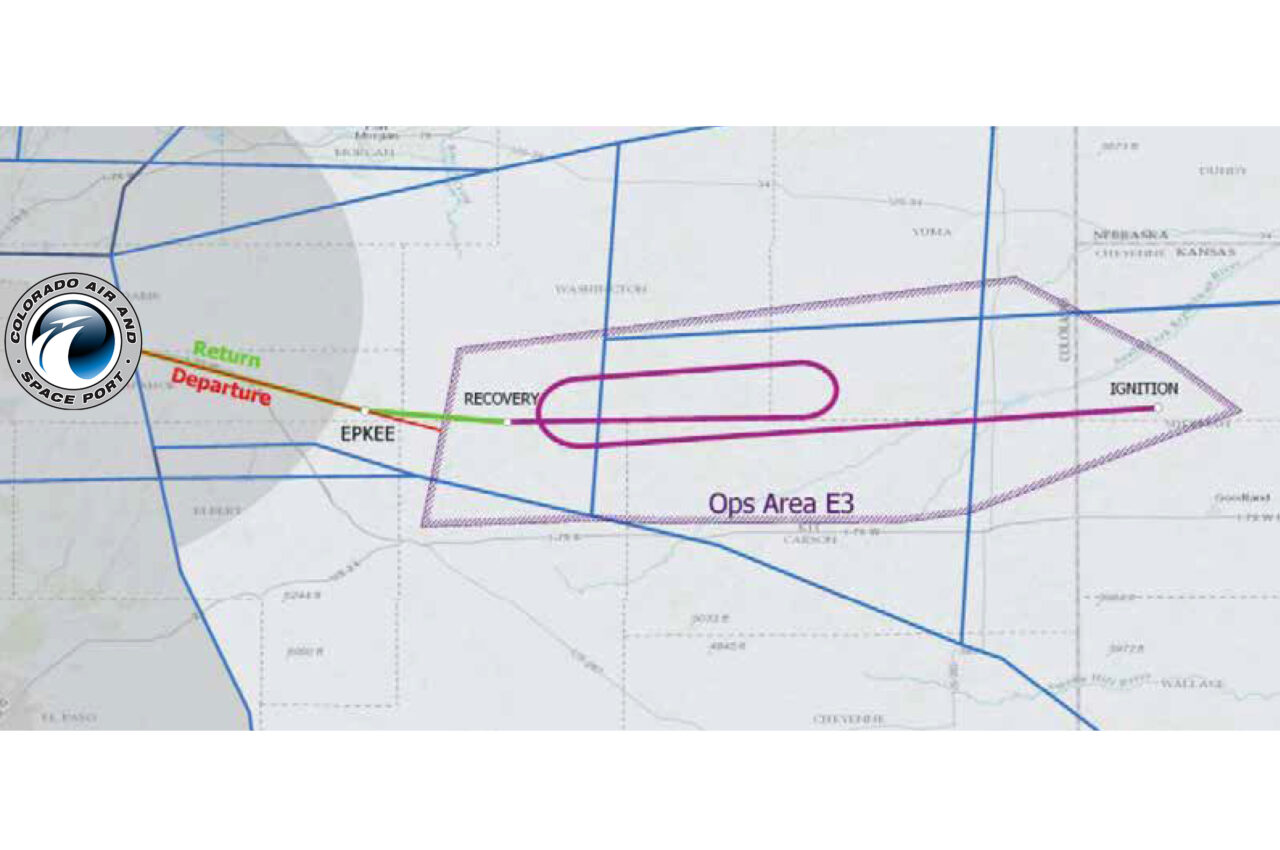 Colorado Air and Space Port airspace map showing departure, return, EPKEE, recovery, Ops Area E3, ignition locations.