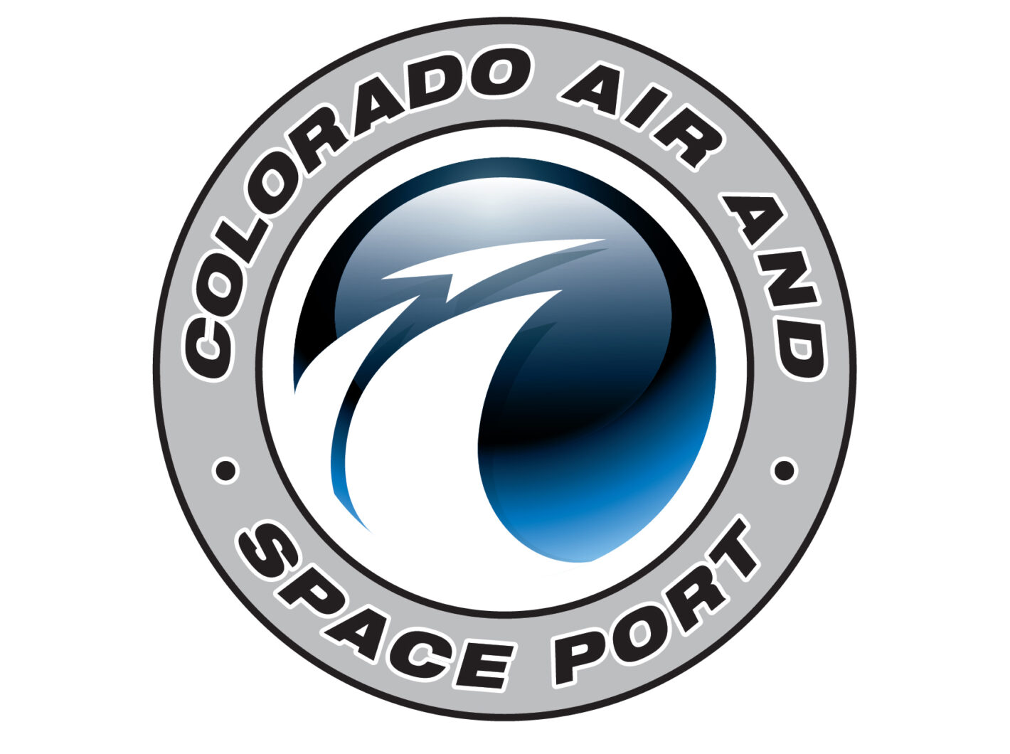 Colorado Air and Space Port logo, blue and gray design featuring an upward arrow in a circle.