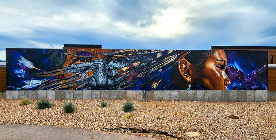 Mural of a contemplative woman with flowing feathers and cosmic elements.