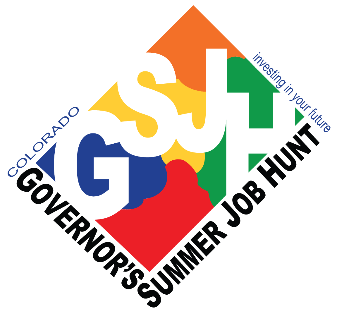 Colorful diamond with "GSJH" in white, "Colorado Governor’s Summer Job Hunt," "investing in your future" in blue text