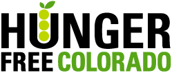Hunger Free Colorado logo, text with stylized green fruit on "U"