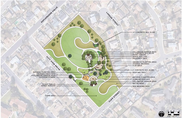 Concept plan of a park layout with labeled areas including play areas, pathways, and garden zones.