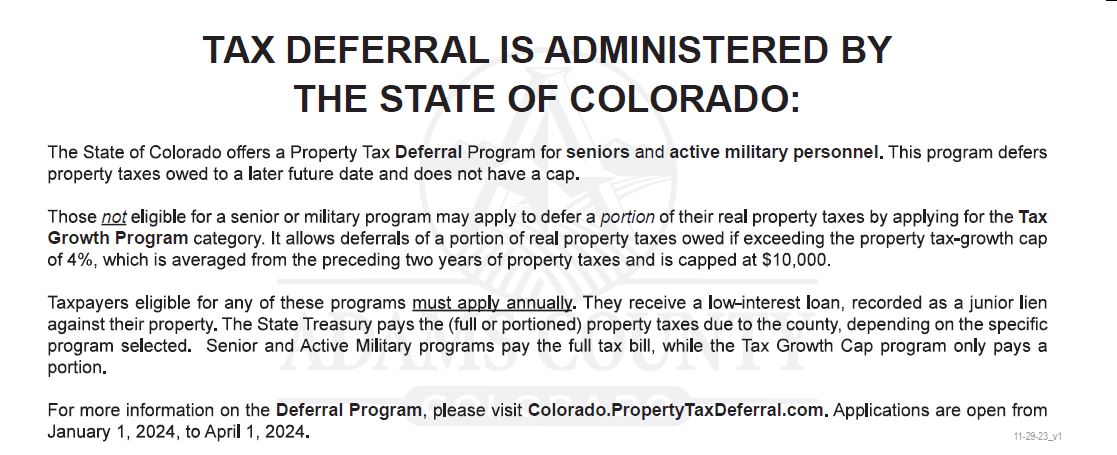 Tax deferral information for Colorado seniors and military; program details and application link provided.