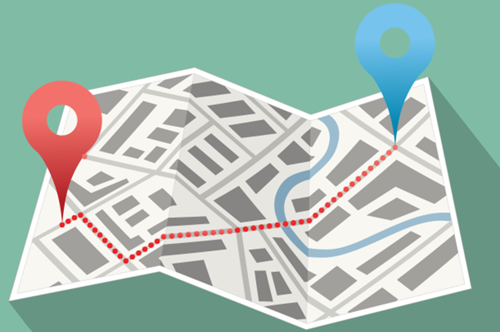 Map illustration with red and blue location pins connected by dotted line.