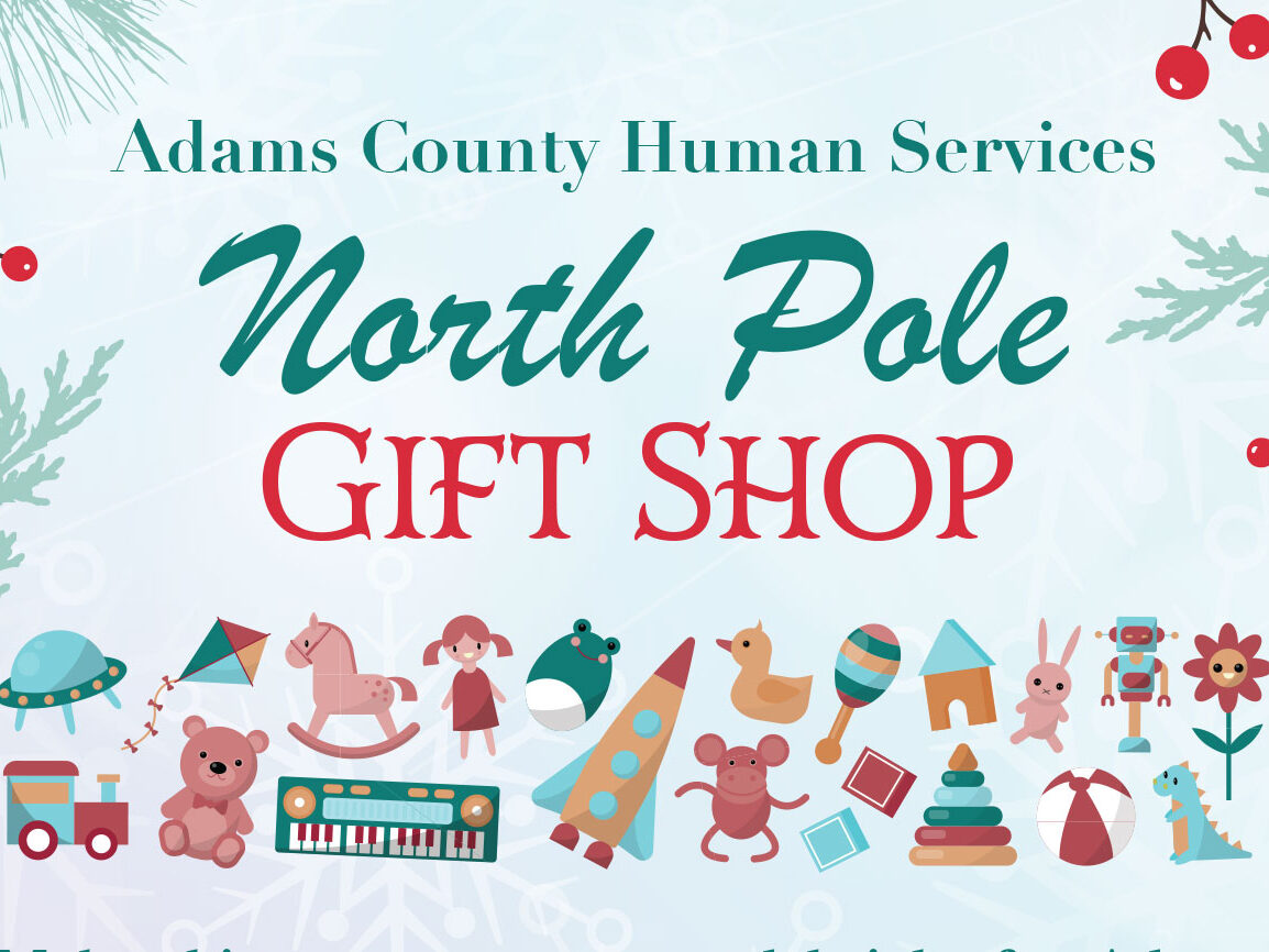 Adams County Human Services North Pole Gift Shop banner with festive decorations and toy icons.