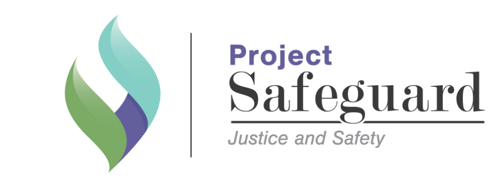 Project Safeguard logo with stylized green and blue flame, text "Justice and Safety"