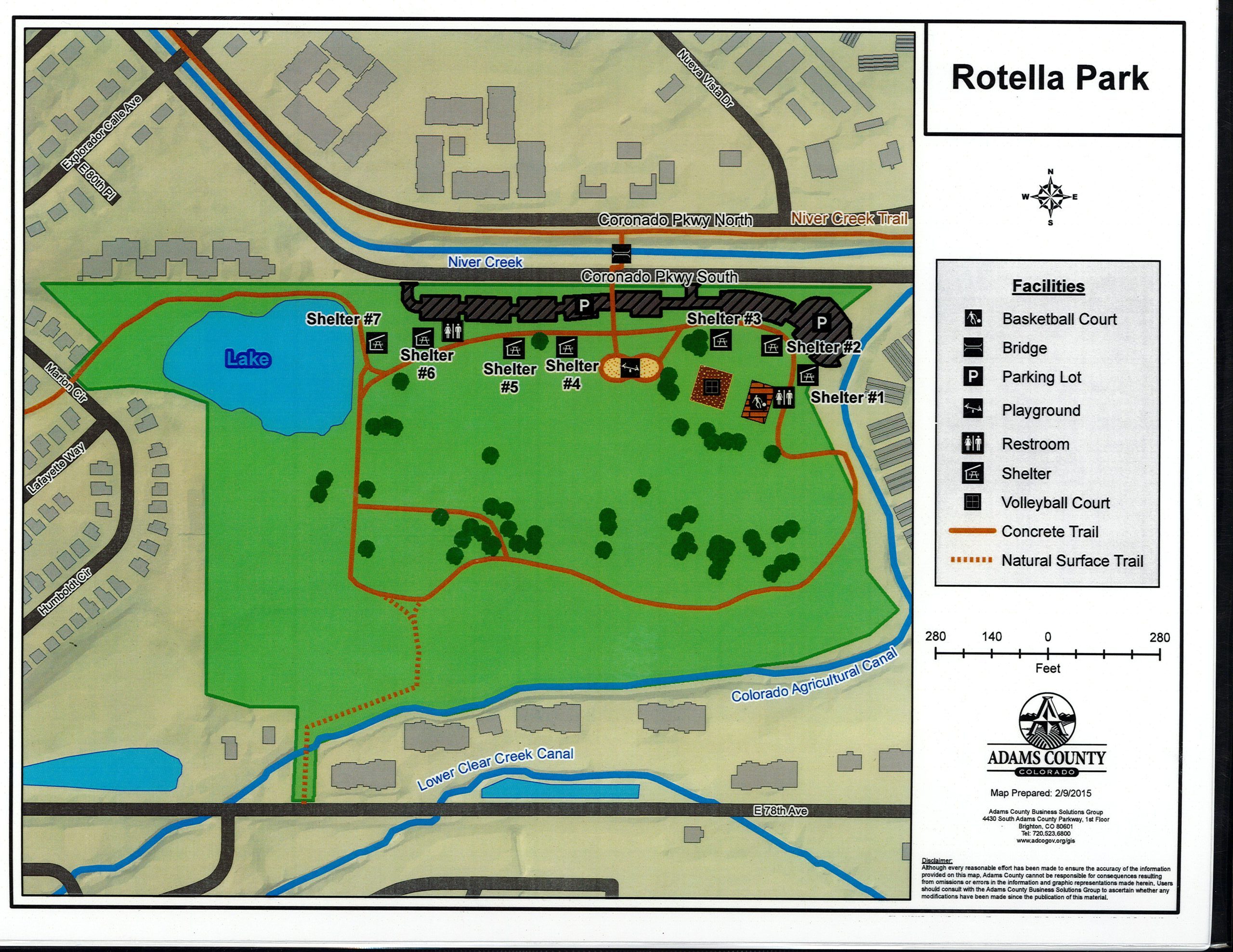 Rotella Park map showing trails, shelters, and a lake with labeled facilities.
