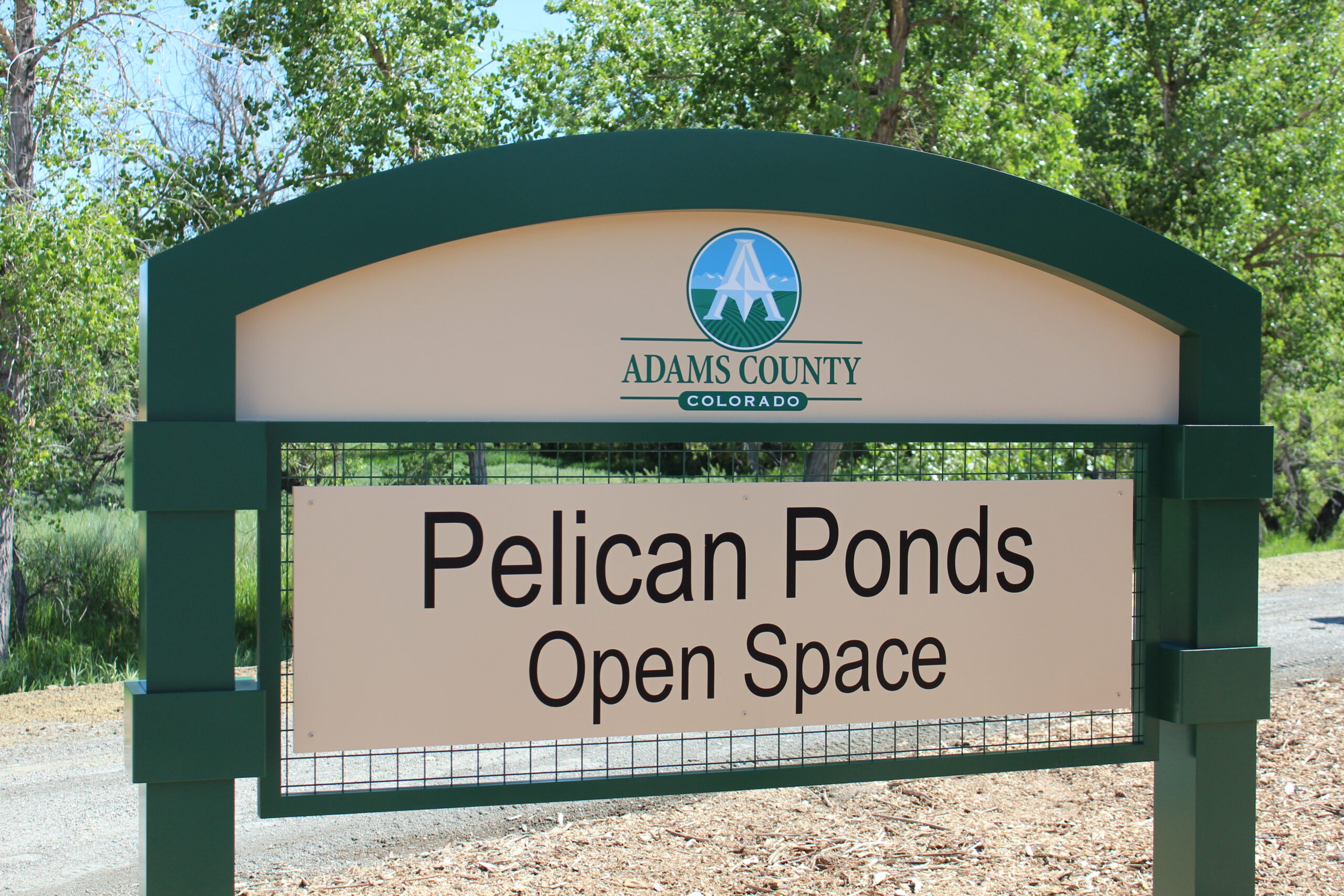 Adams County, Colorado sign for Pelican Ponds Open Space located outdoors