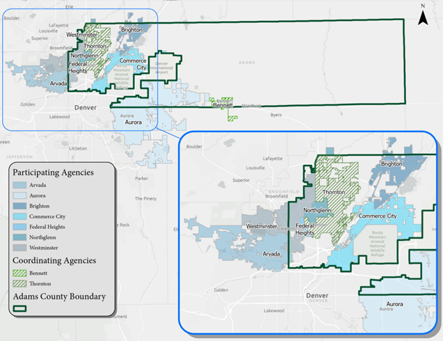 Map showing Adams County boundary, highlighting participating and coordinating agencies: Arvada, Aurora, Brighton, Bennett, Commerce City, Federal Heights, Northglenn, Thornton, Westminster.
