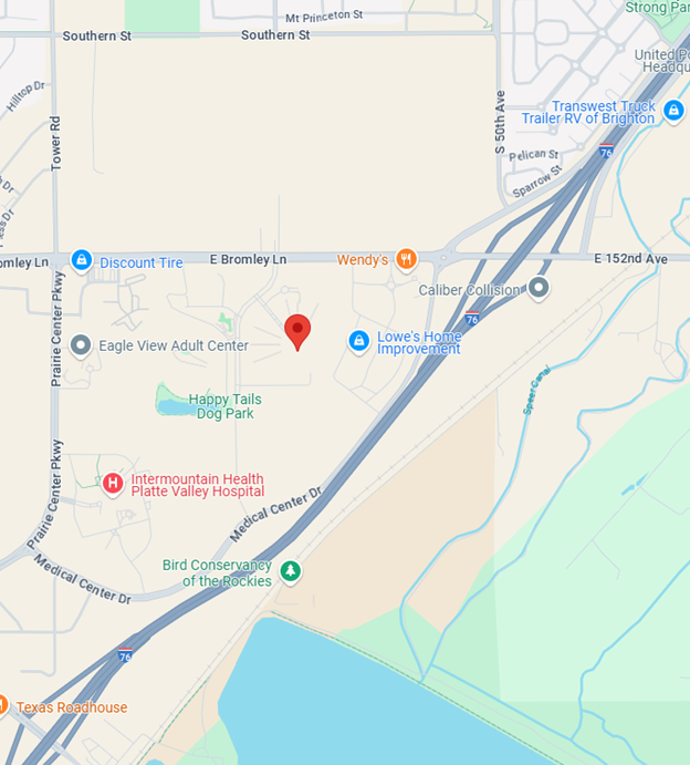 Map showing Eagle View Adult Center location near E Bromley Ln, Brighton, with landmarks like Happy Tails Dog Park and Platte Valley Hospital