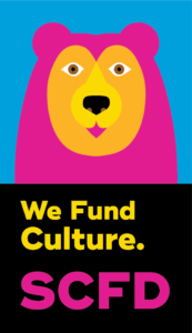 Pink and orange bear illustration above text "We Fund Culture. SCFD" on black background.
