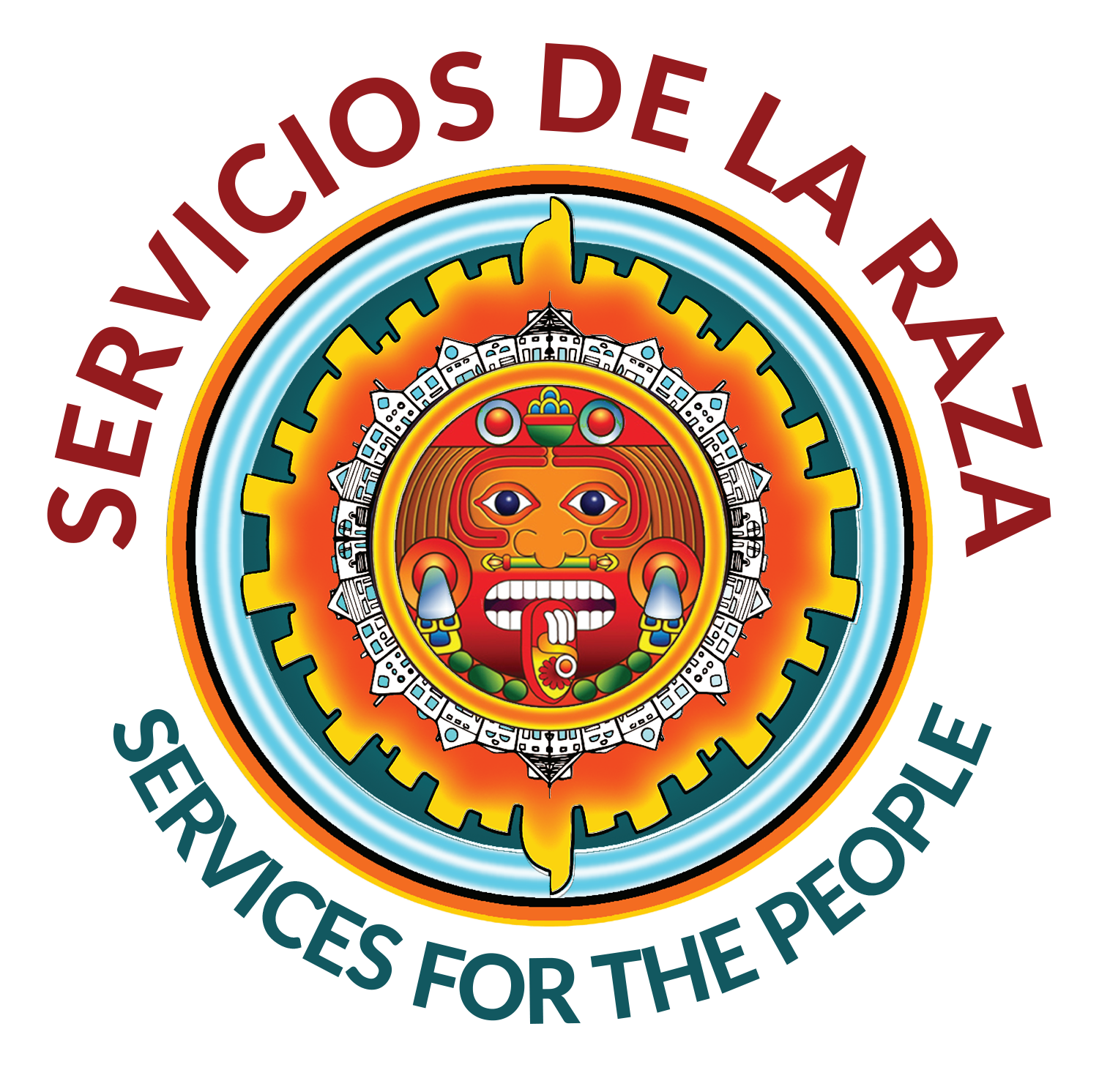 Servicios de La Raza circular logo features Aztec-style face, surrounded by cityscape and colorful rays, with text.