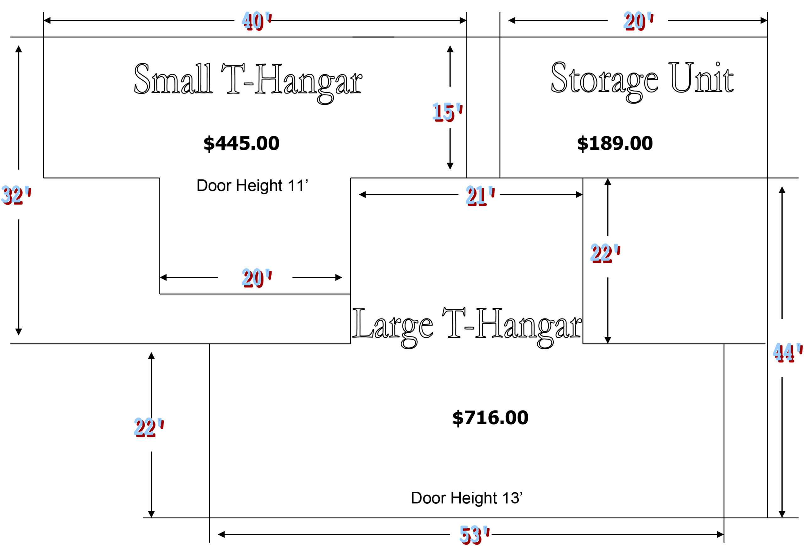 Small T-Hangar costs $445, dimensions 40'x32', door height 11'. Large T-Hangar costs $716, dimensions 53'x44', door height 13'. Storage Unit costs $189, dimensions 20'x15'.