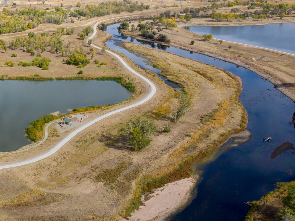 Aerial view of creek and bike trail