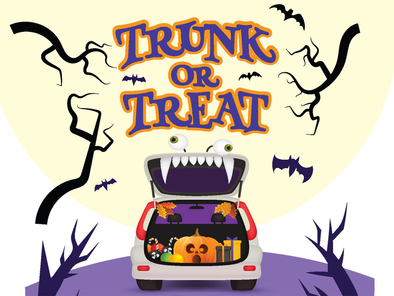 Trunk decorated as a spooky monster, holding Halloween items and gifts with bats flying, "Trunk or Treat" text above.