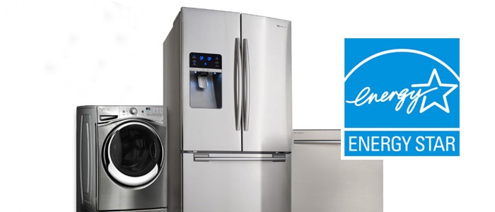 Energy-efficient appliances: washer, refrigerator, dishwasher with Energy Star logo on the right.