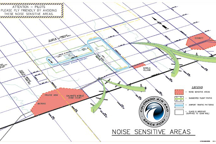 Map of noise-sensitive areas around Colorado Air and Space Port, indicating flight paths and affected regions.