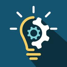 Light bulb with a gear inside, symbolizing innovation.