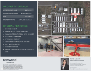 Property listing for airplane hangar with features and contact info. Aerial map of airport, interior hangar shots. Kentwood Commercial logo.