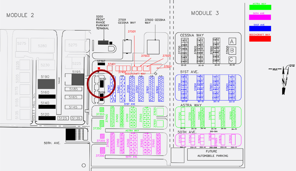 Map of parking modules with labeled streets and lot numbers, highlighting Module 2 and 3 areas.
