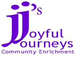 Joyful Journeys logo with purple text and abstract figures, tagline "Community Enrichment"