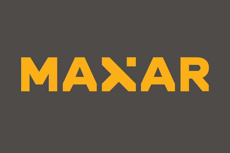 MAXAR logo, orange text on dark gray background