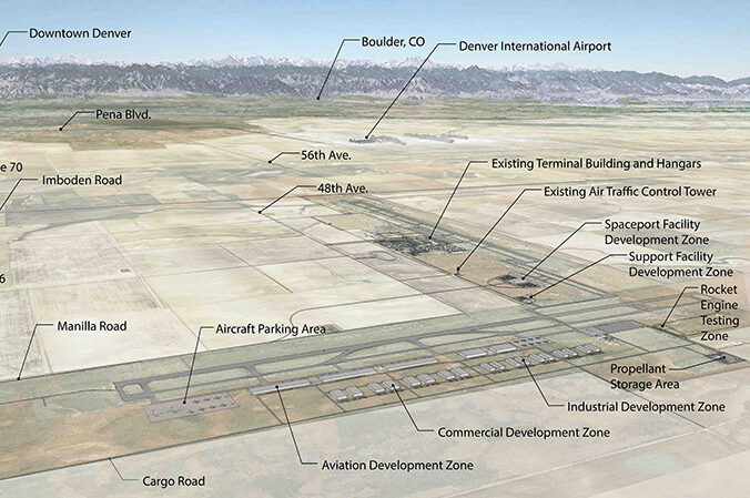 Aerial map view of Colorado Air and Space Port looking west