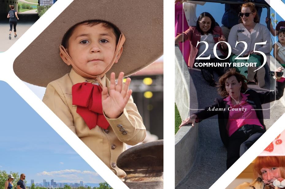 Boy in cowboy attire waving, alongside diverse community activities. Text: "2025 Community Report, Adams County"