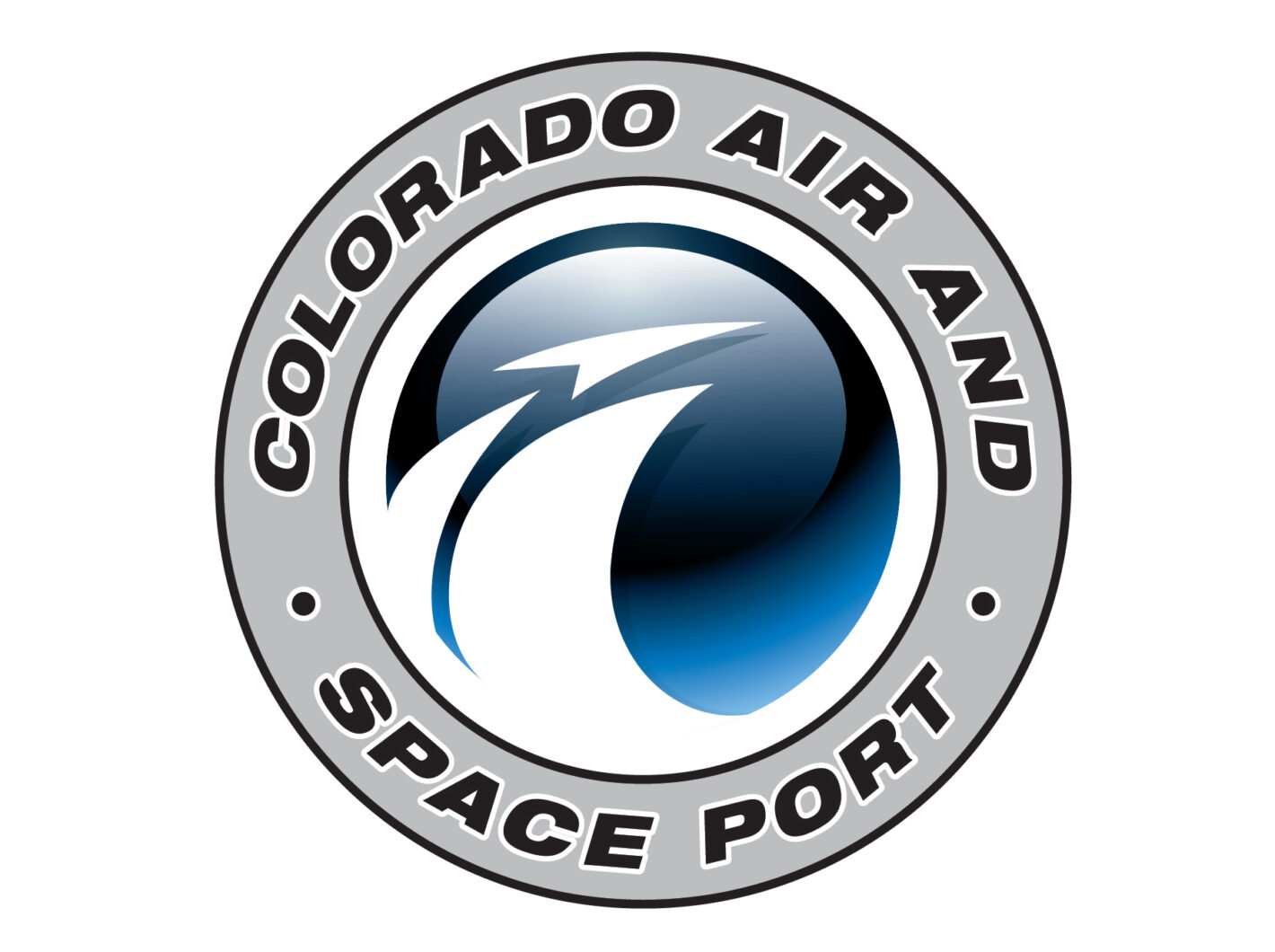 Colorado Air and Space Port logo, blue and gray design featuring an upward arrow in a circle.