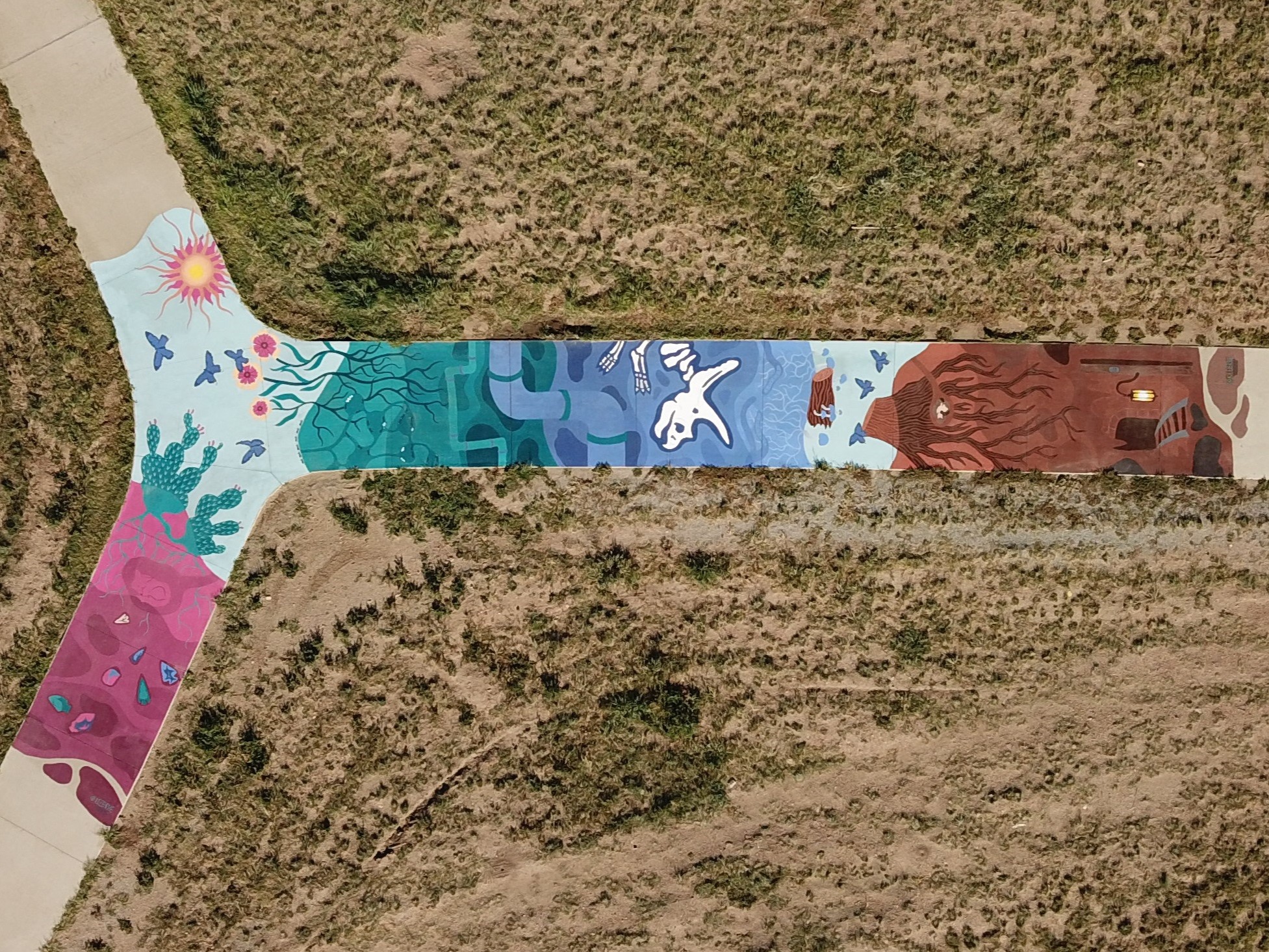 Colorful mural on path depicting desert landscape, wildlife, and nature.