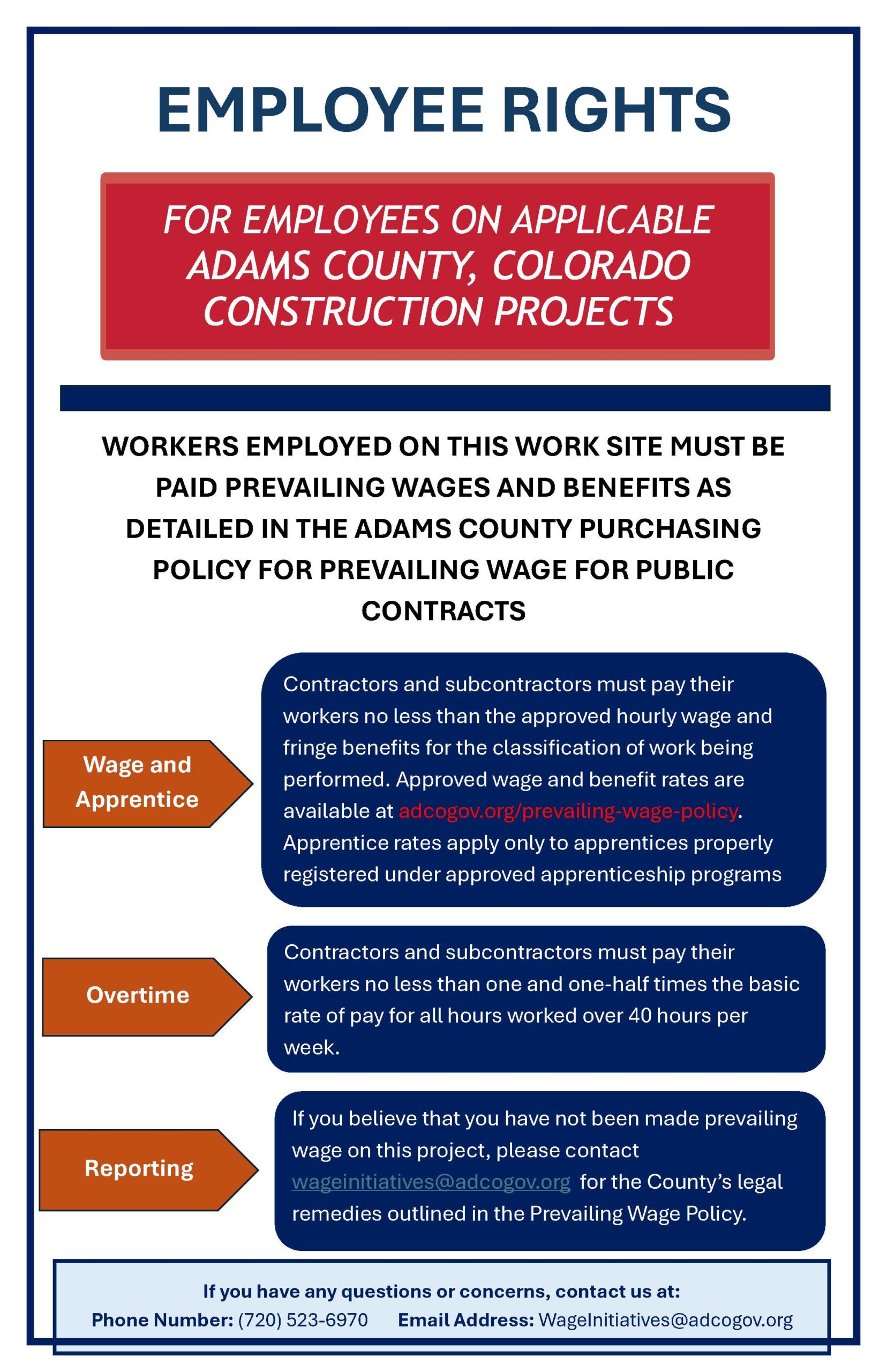 Employee Rights for Adams County construction projects, detailing prevailing wages and benefits, wage and apprentice, overtime, and reporting.