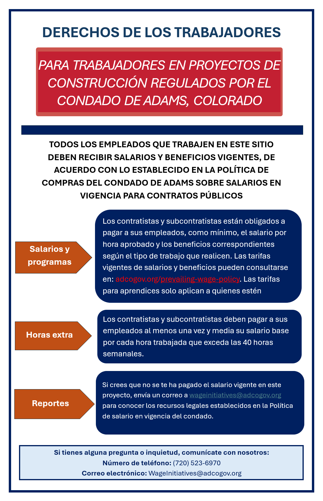 Derechos de los trabajadores en proyectos de construcción del Condado de Adams, Colorado. Incluye información sobre salarios, horas extra, y cómo reportar violaciones. Teléfono: (720) 523-6970. Correo: WageInitiatives@adcogov.org