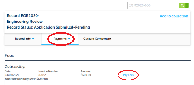 Payment section with fees totaling $600. Button labeled "Pay Fees" circled in red.