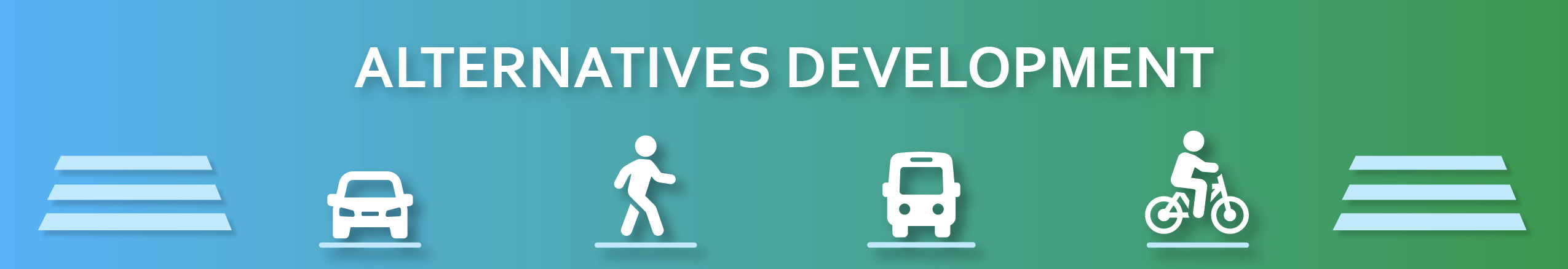 Alternatives Development banner with icons of a car, pedestrian, bus, and cyclist on green gradient background.